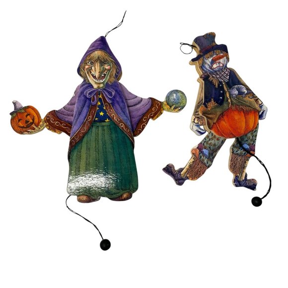 Vintage Halloween Witch Fortune Teller Scarecrow Wooden Jointed Decorations - Picture 2 of 5